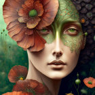 Surreal female portrait with flower hair and leaf mask, organic and fantastical details