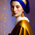 Portrait of woman in blue headscarf, gold earrings, pearl necklace, yellow garment & patterned