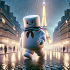 Marshmallow character in Paris rain with Eiffel Tower