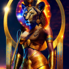 Golden attire female figure with lion head in starry sky display