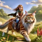 Medieval woman riding giant cat in lush field under clear sky