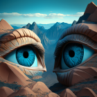 Surreal landscape: giant blue eyes in rocky formations, desert vista with lone figure.