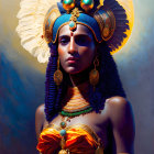 Elaborate golden and blue headdress with feathers and gems on regal woman