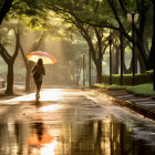 Colorful impressionistic painting: Rainy park path, trees, person with bright umbrella, reflections.