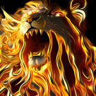 Vivid digital artwork: Roaring lion with flowing mane on dark background