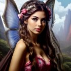 Female fairy portrait with iridescent wings, pink dress, braided hair, and butterflies.