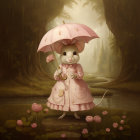 Anthropomorphic mouse in pink dress with umbrella on woodland path surrounded by flowers