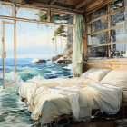 Tranquil bedroom with ocean waves blending in, bed, window, paintings, boat.