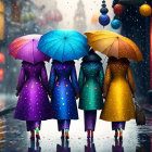 Group of Four People Walking with Colorful Umbrellas on Rainy Street