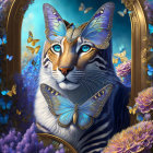 Colorful Tiger with Butterfly Wings and Flowers in Golden Frame