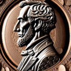 Metallic relief of Abraham Lincoln with circular pattern and coins.