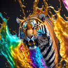 Colorful Tiger Graphic with Liquid Gold, Blue, and Pink Splashes on Dark Background