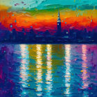 Colorful sunset painting with water reflections, city lights, and rain.