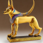 Golden Egyptian Anubis Statue with Blue and Gold Collar Detailing