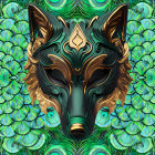 Elaborate Peacock Feather Design Mask in Vibrant Blues and Greens