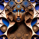 Intricate digital art: Stylized woman with blue, gold, & brown mandala designs