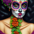 Colorful Day of the Dead portrait with floral patterns and dark hair