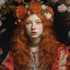 Smiling young girl with auburn hair and floral wreath portrait