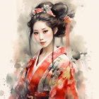 Traditional Japanese Attire Woman Illustration with Floral Theme