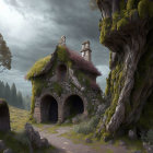 Stone Cottage with Twin Chimneys in Mystical Forest at Dusk