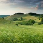 Whimsical landscape with green hills, houses, patterned fields, and vibrant clouds