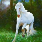 Majestic white horse galloping in vibrant flower-filled meadow