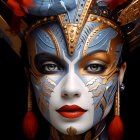 Elaborate costume portrait with vibrant blue, gold, and red makeup