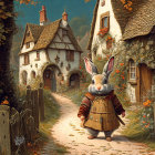 Anthropomorphic rabbit in vintage outfit strolling through quaint village