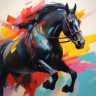 Colorful horse painting with flowing mane and floral swirls