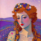 Stylized portrait of woman with red hair and floral adornments on purple background