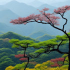 Vibrant solitary tree with pink blossoms in serene landscape