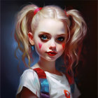 Girl with blue eyes, two-tone hair in pigtails, clown makeup, ruffled collar,