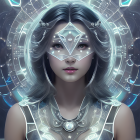 Futuristic woman with intricate silver headgear and armor