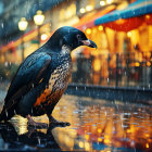 Penguin in city rain with umbrellas at night