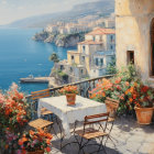 Seaside balcony with table and chair overlooking coastal village