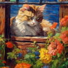 Ginger and White Cat on Wooden Windowsill with Flowers