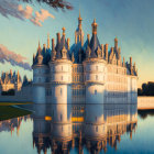 Fantastical castle with spires reflected in sunset waters.