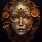 Detailed digital portrait of female face with golden floral decorations.