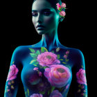 Blue-skinned woman adorned with pink and purple flowers on dark background