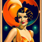 Vintage Art Deco Style Poster of Glamorous Woman on Cosmic Background