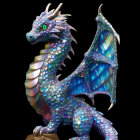 Shimmering Blue Dragon with Iridescent Wings on Black Background