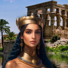 Regal woman with blue hair and golden crown in front of ancient ruins