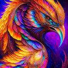 Colorful Phoenix Illustration with Orange and Blue Plumage on Purple Background