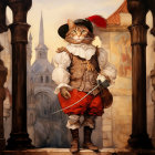 Cat in Musketeer Costume with Rapier in Historic Setting