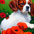 Realistic Brown and White Puppy with Red Poppies in Green Background