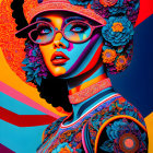 Colorful digital artwork: stylized woman with floral patterns, hat, glasses, and unique makeup