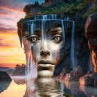 Surreal landscape: waterfall over stone face at sunset