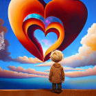 Young boy with heart-shaped hot air balloon in surreal sky