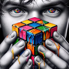 Colorful-eyed person holding melting Rubik's Cube with dripping paint