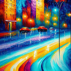 Colorful cityscape painting with rain-soaked streets, cars, and glowing streetlamp.